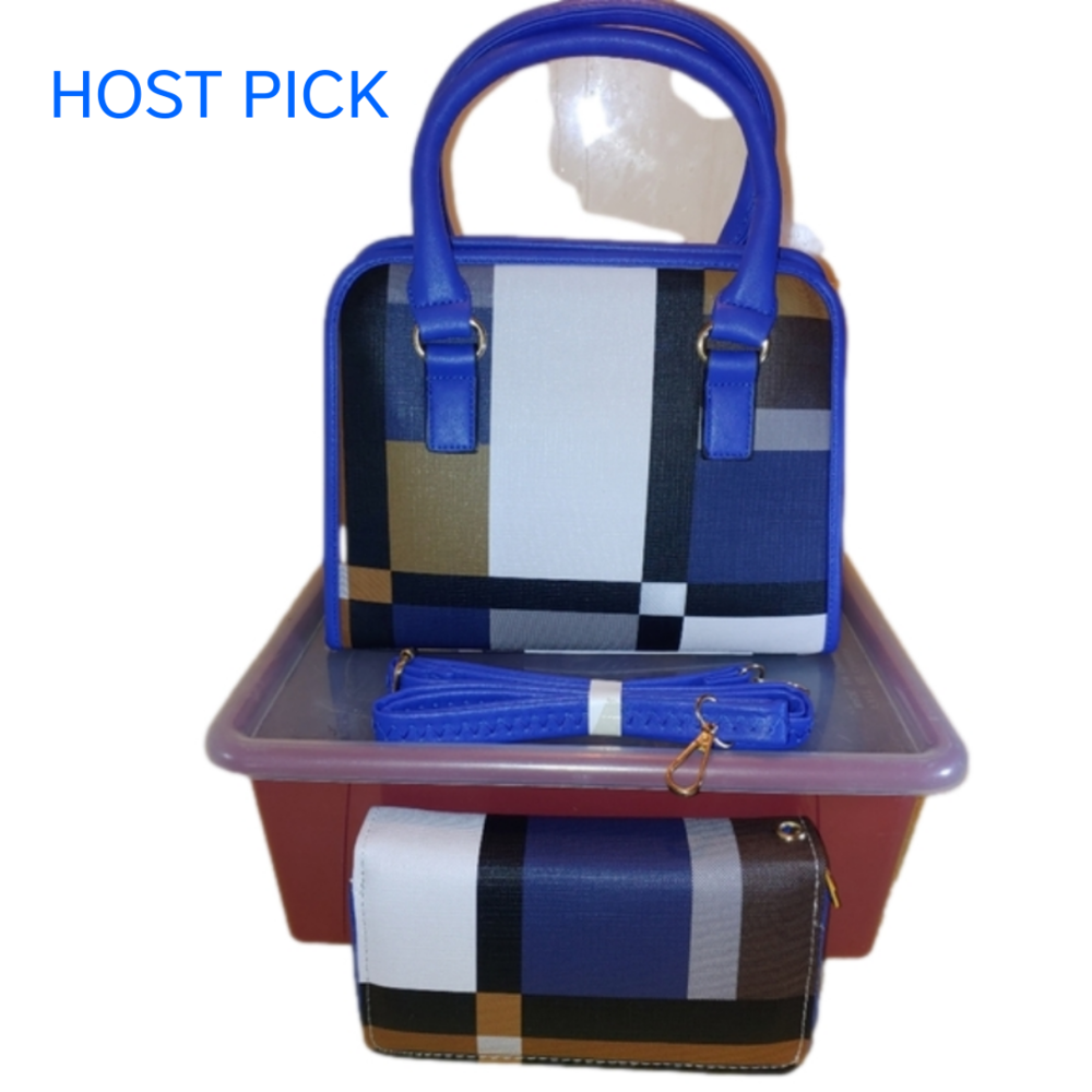 Handbag/Purse Plaid Trimmed in Blue with Matching Double Zip Wallet - Picture 1 of 9